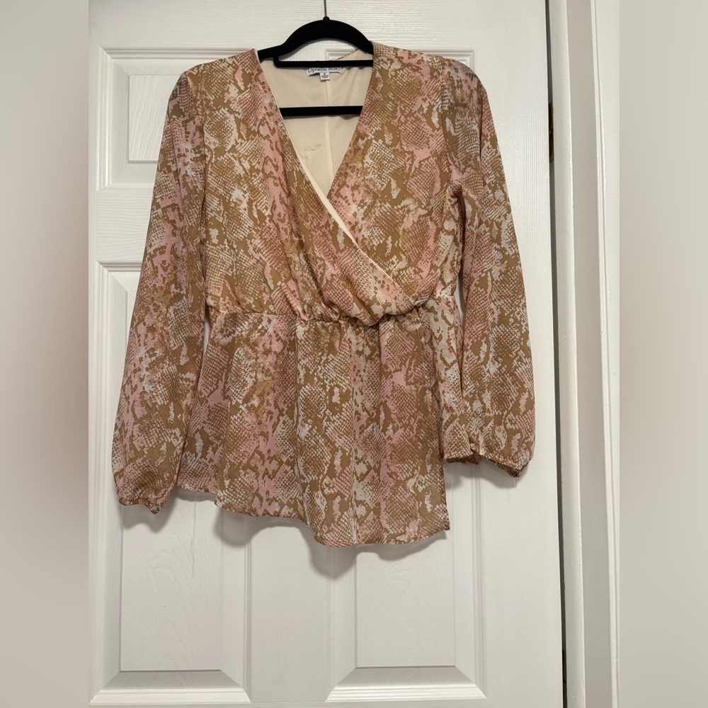 Wrap-Front Snakeskin Print Blouse in Pink and Brown